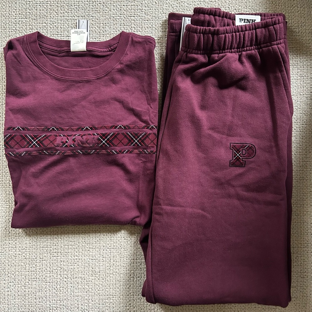 VS Pink Cotton Long Sleeve Tee & Sweat Pants Set In Wild Rose Size S NWT🌹🌹